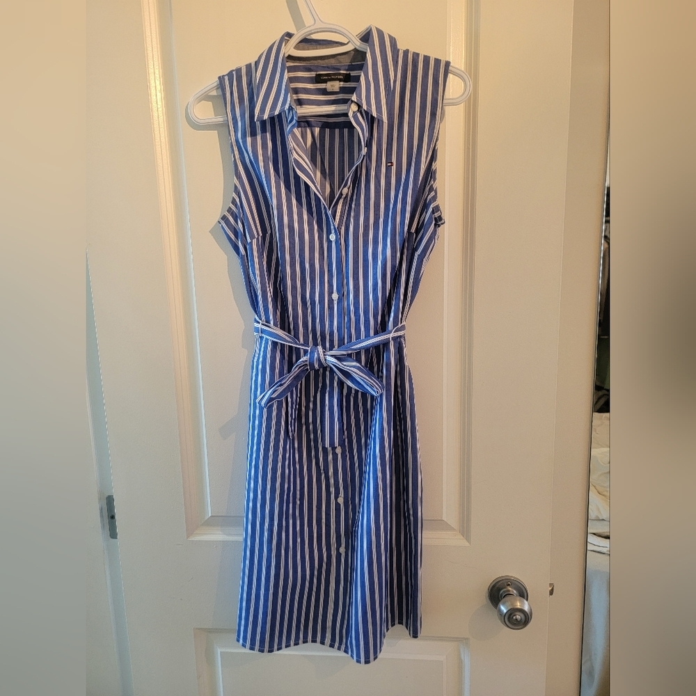 Tommy hilfiger 100% cotton sleeveless midi dress collared w marine blue …
